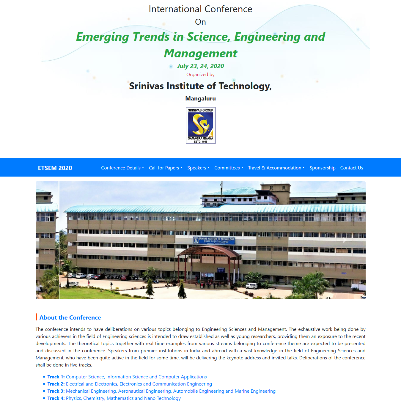 Srinivas Institute conference website